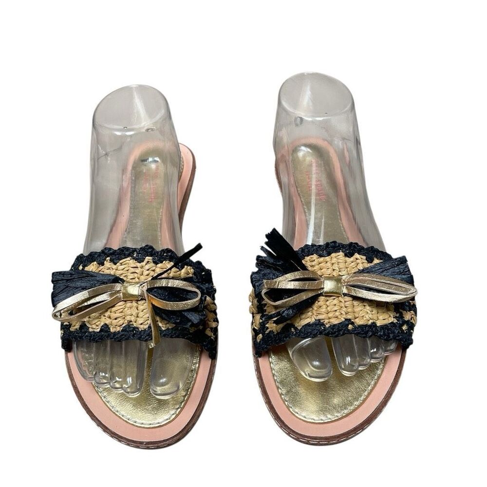 Kate Spade New York Navy Raffia and Gold bow leather‎ slide sandals women’s 9